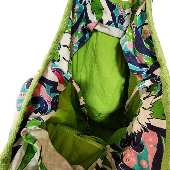 Floral Print Canvas Tote Bag With Green Handles & Inner Zip Pocket McBeth Collec - Picture 4 of 4